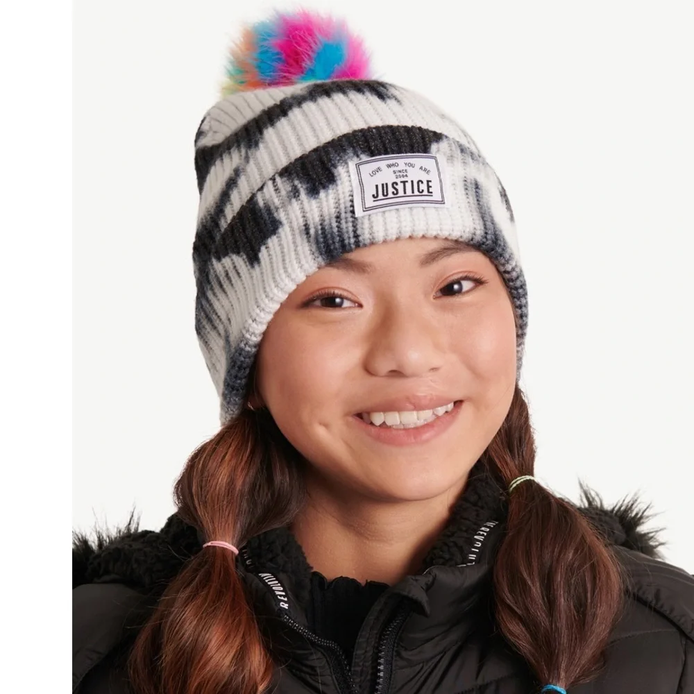 2pack Justice Girls’ faux fur pom pom ombre Tie Dye & fair isle look beanies new